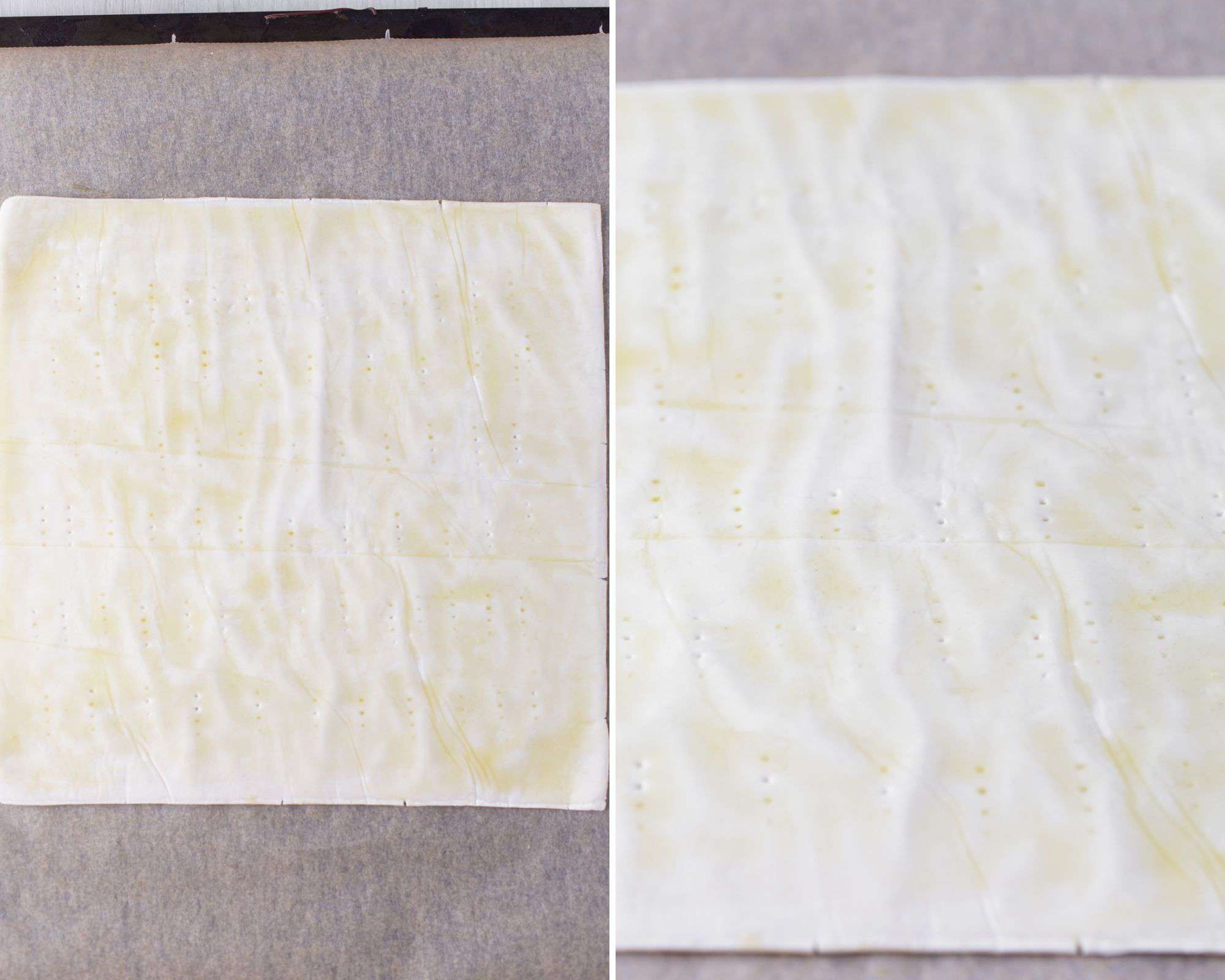 Puff pastry sheet on lined baking sheet brushed with olive oil.