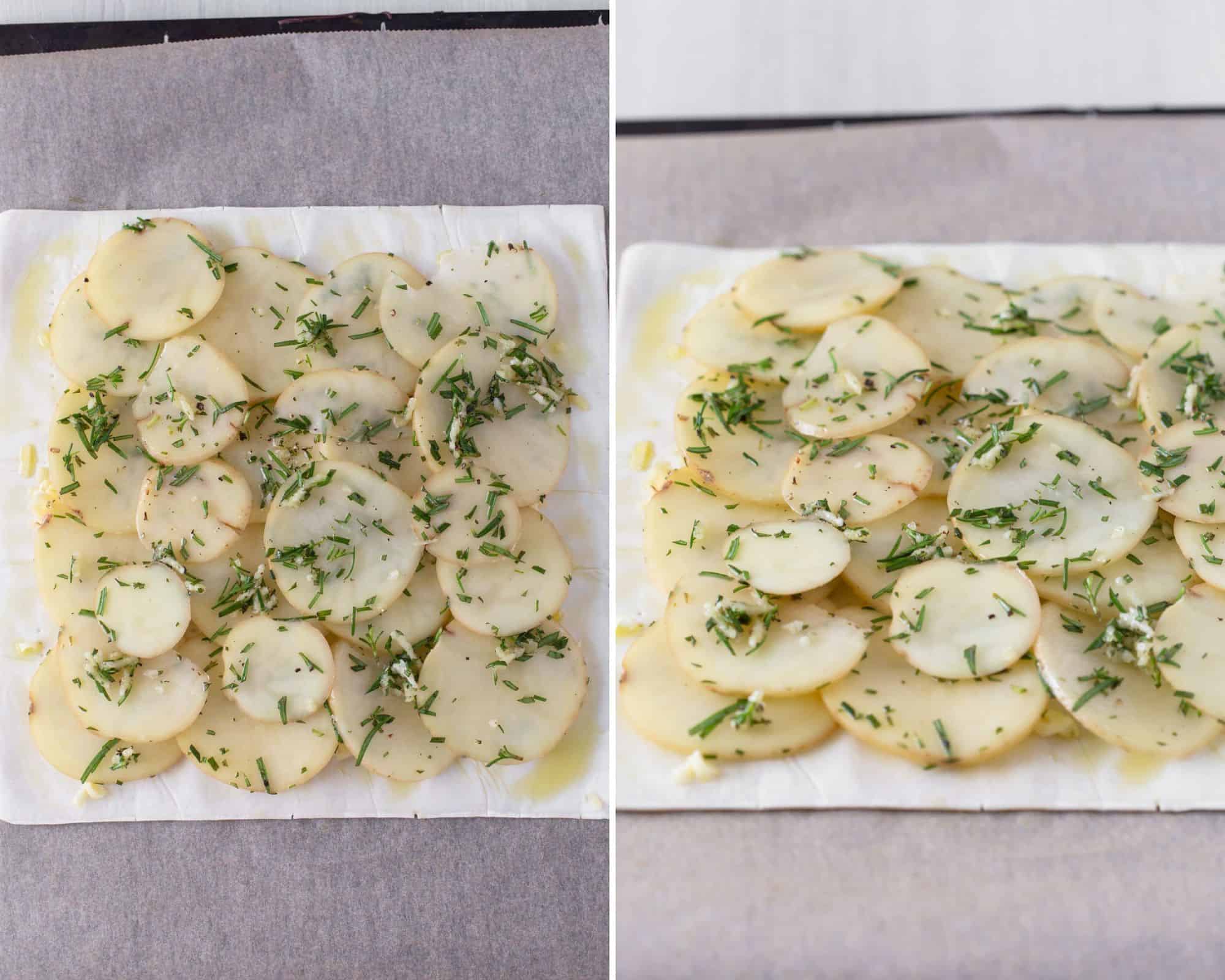 Potatoes arranged over pastry sheet.