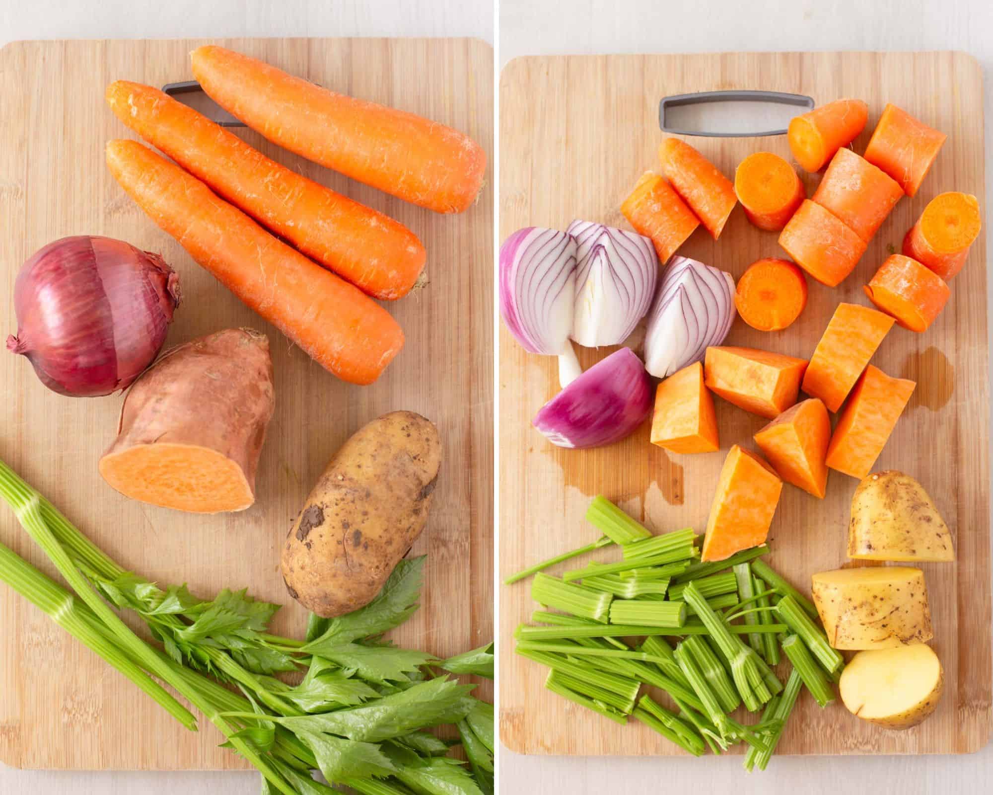All vegetables sitting on wooden chopping board before and after being cut up.