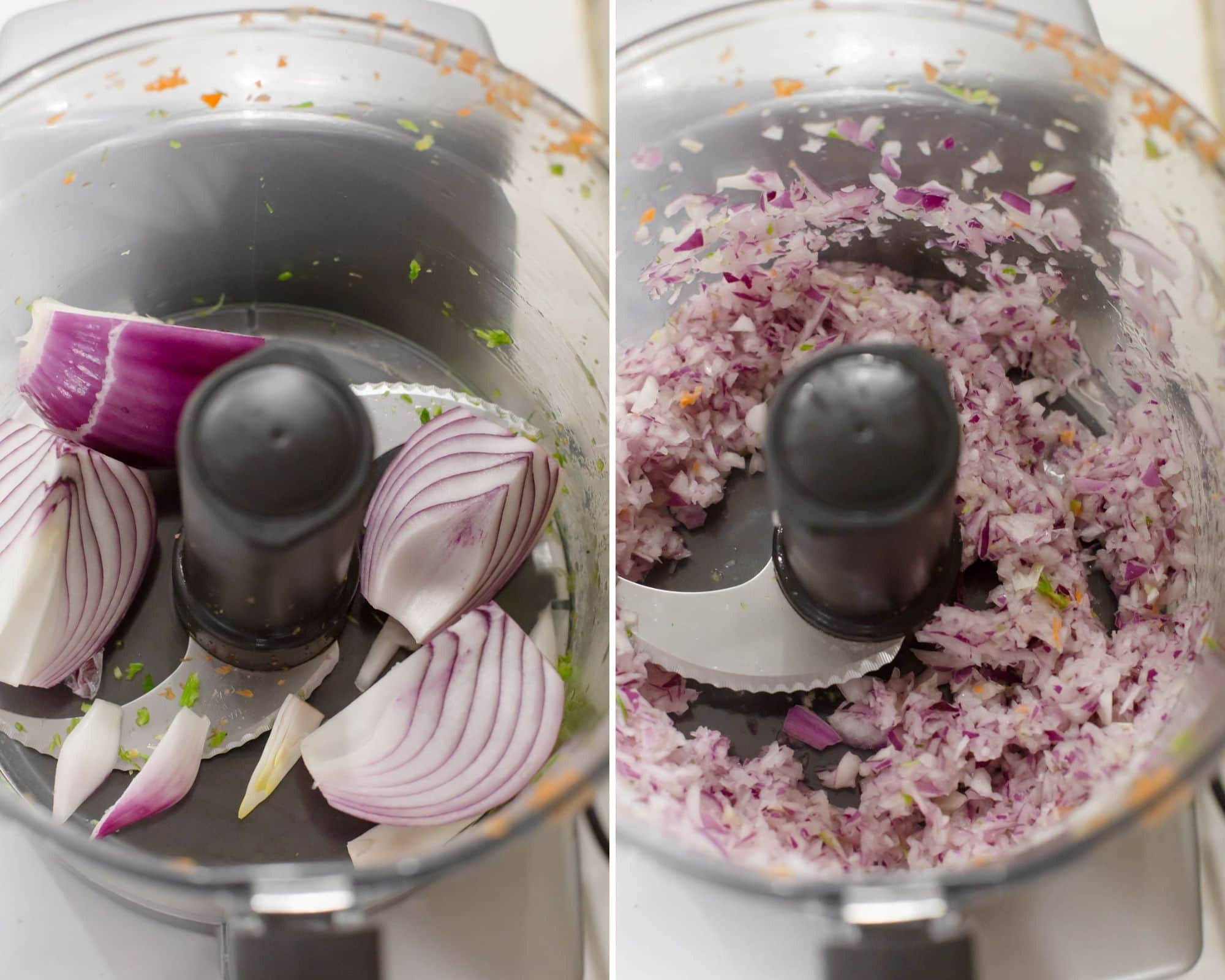 Red onion chopped in food processor.