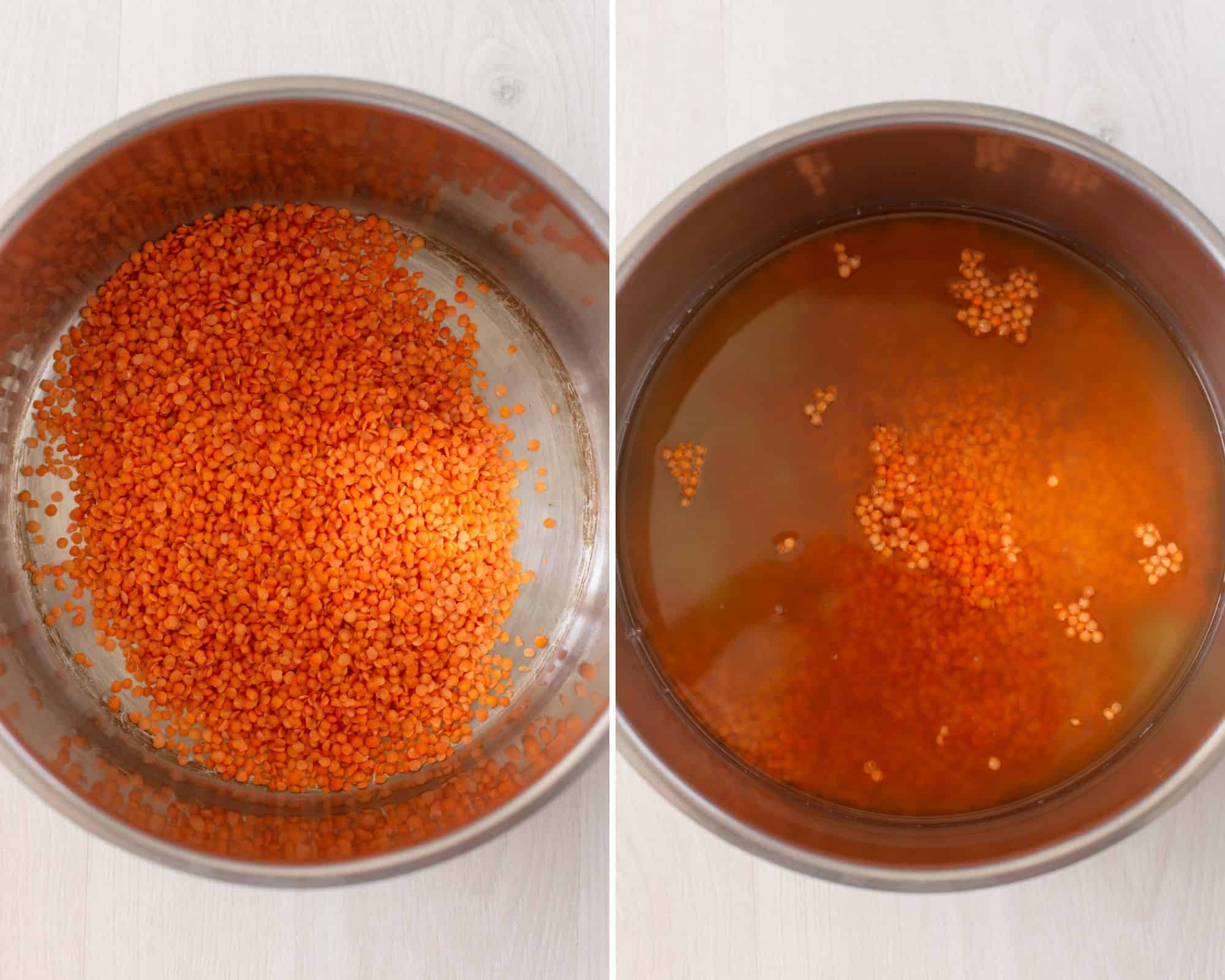 Red lentils in large soup pot and broth poured over them.