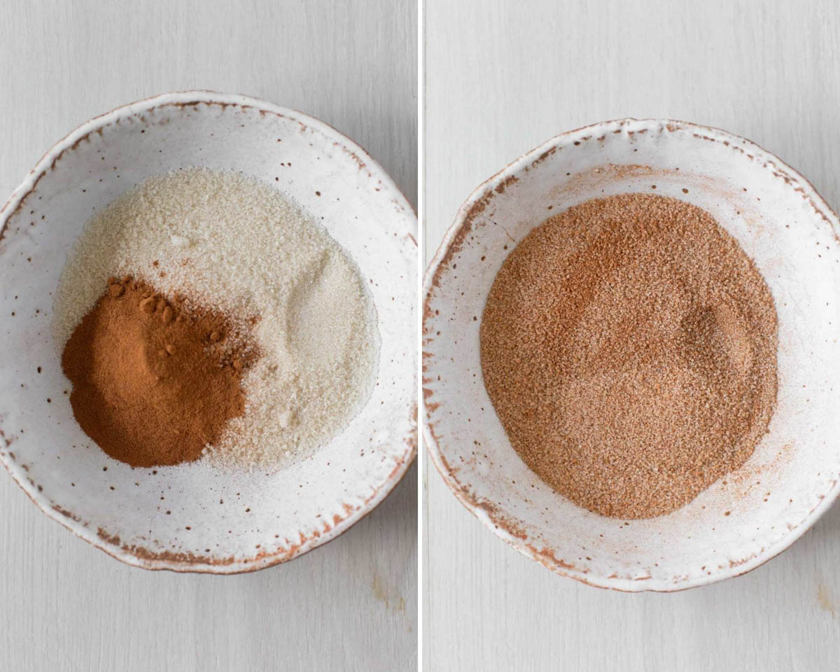 Mixing cinnamon and sugar together in a small bowl.