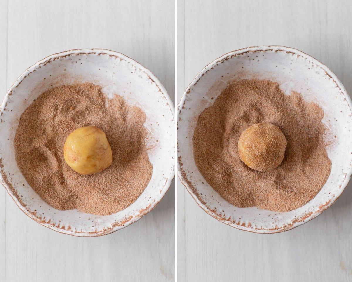 Rolling cookie dough ball in cinnamon sugar.