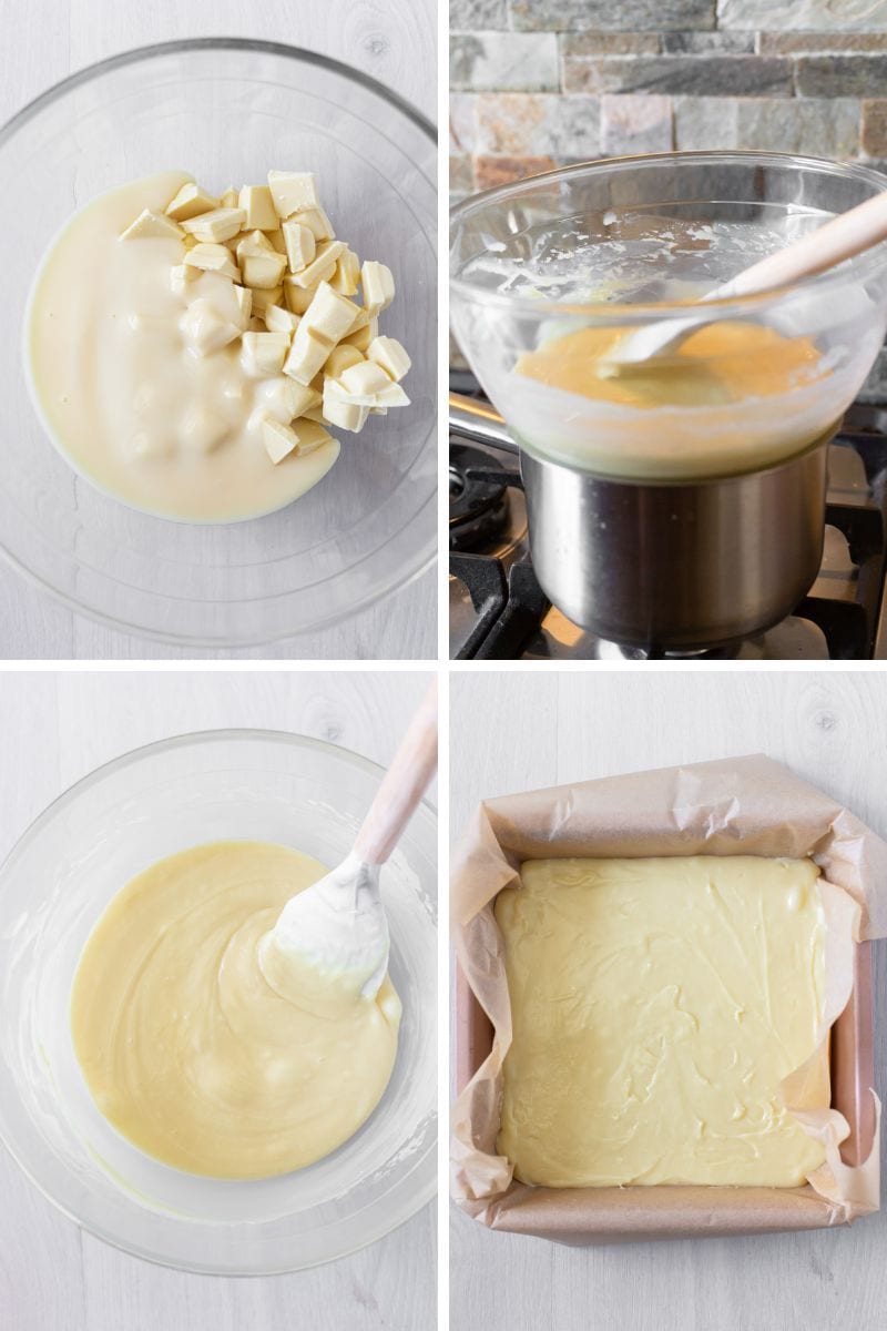 Making white chocolate fudge in double-boiler and spread into lined tin.