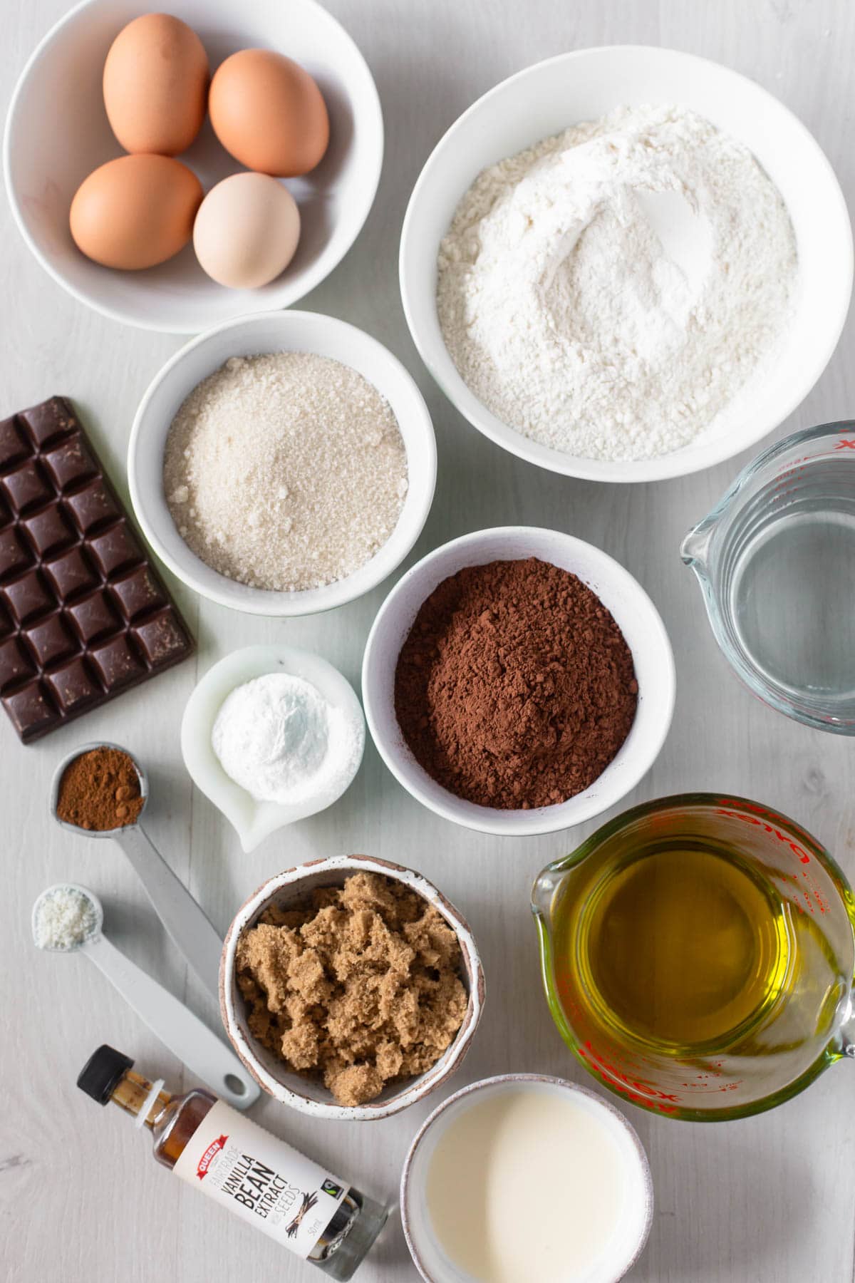 Ingredients to make chocolate bundt cake.