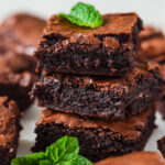 Easy boxed brownie stacked in a tower.