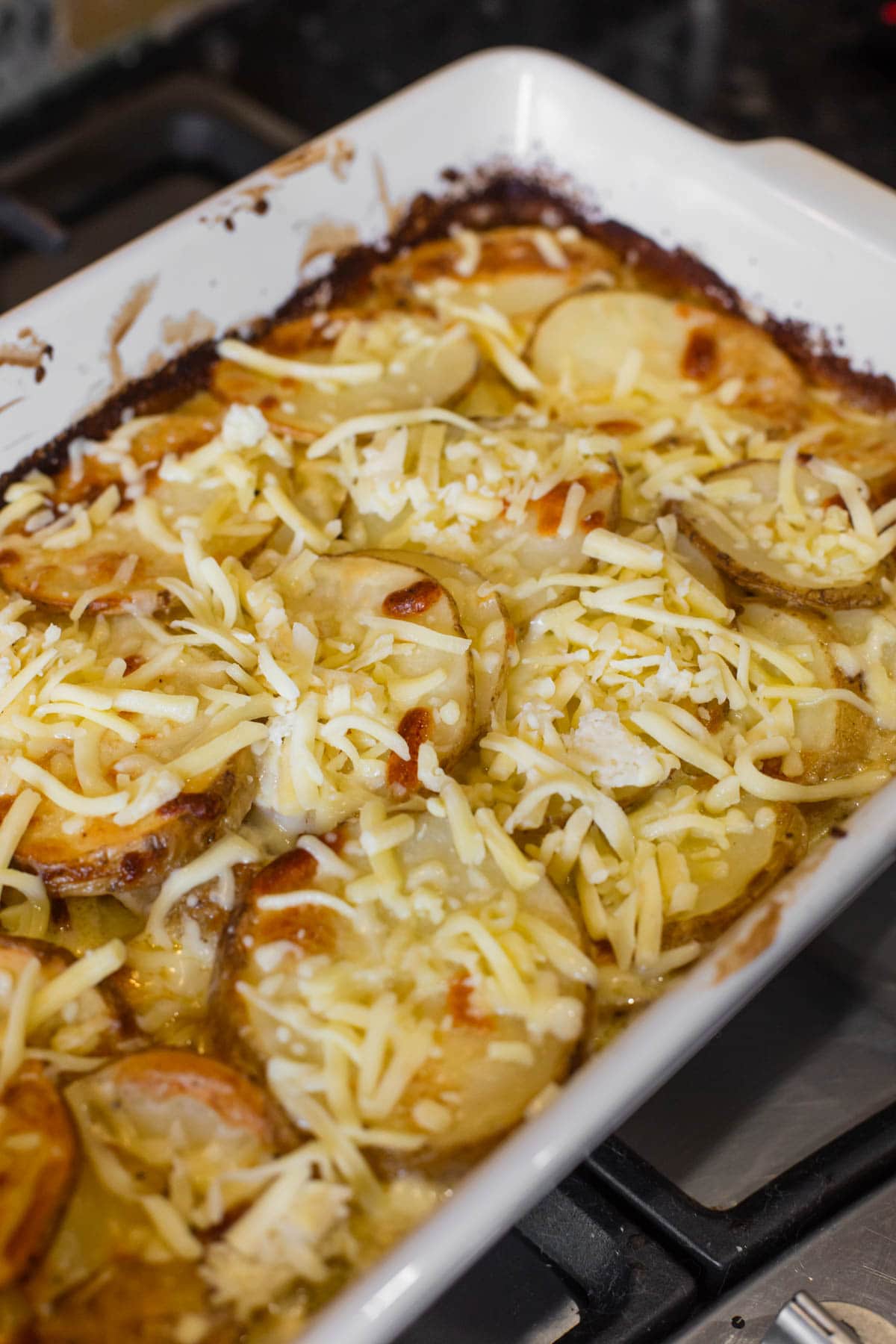 Sprinkling remaining cheese over easy potato bake.