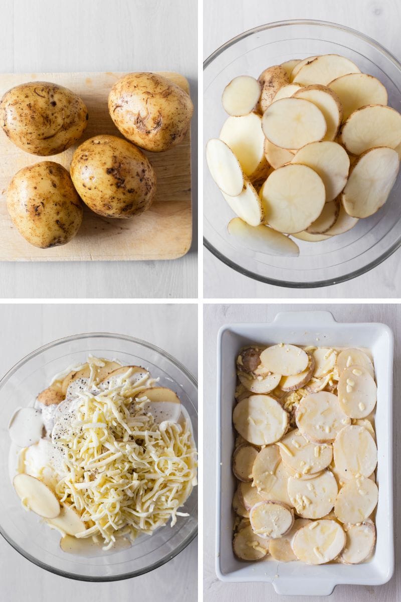 Slicing potatoes and mixing them with the cream and seasonings in bowl.