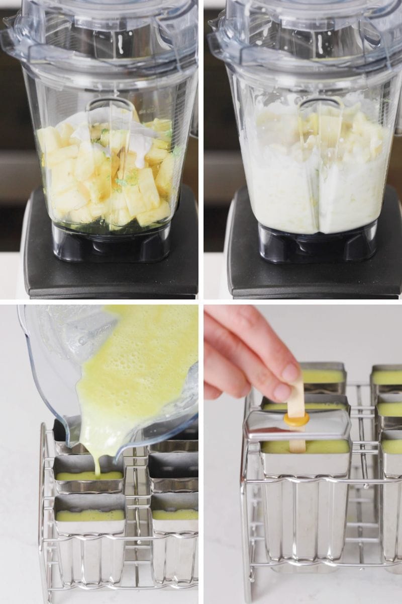 Making the pineapple popsicles in the blender and pouring the mixture into the popsicle moulds.