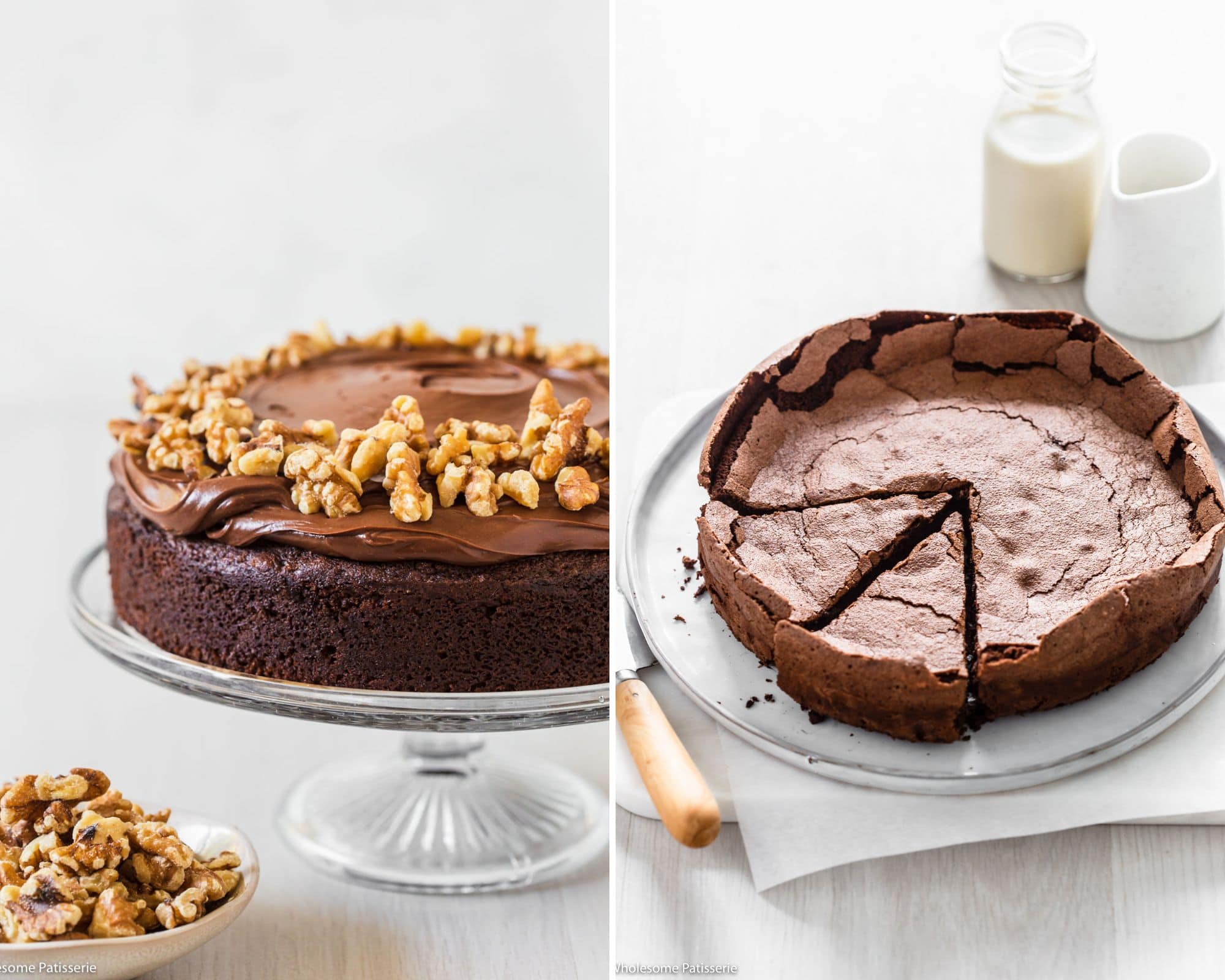 Walnut cake and flourless chocolate cake.