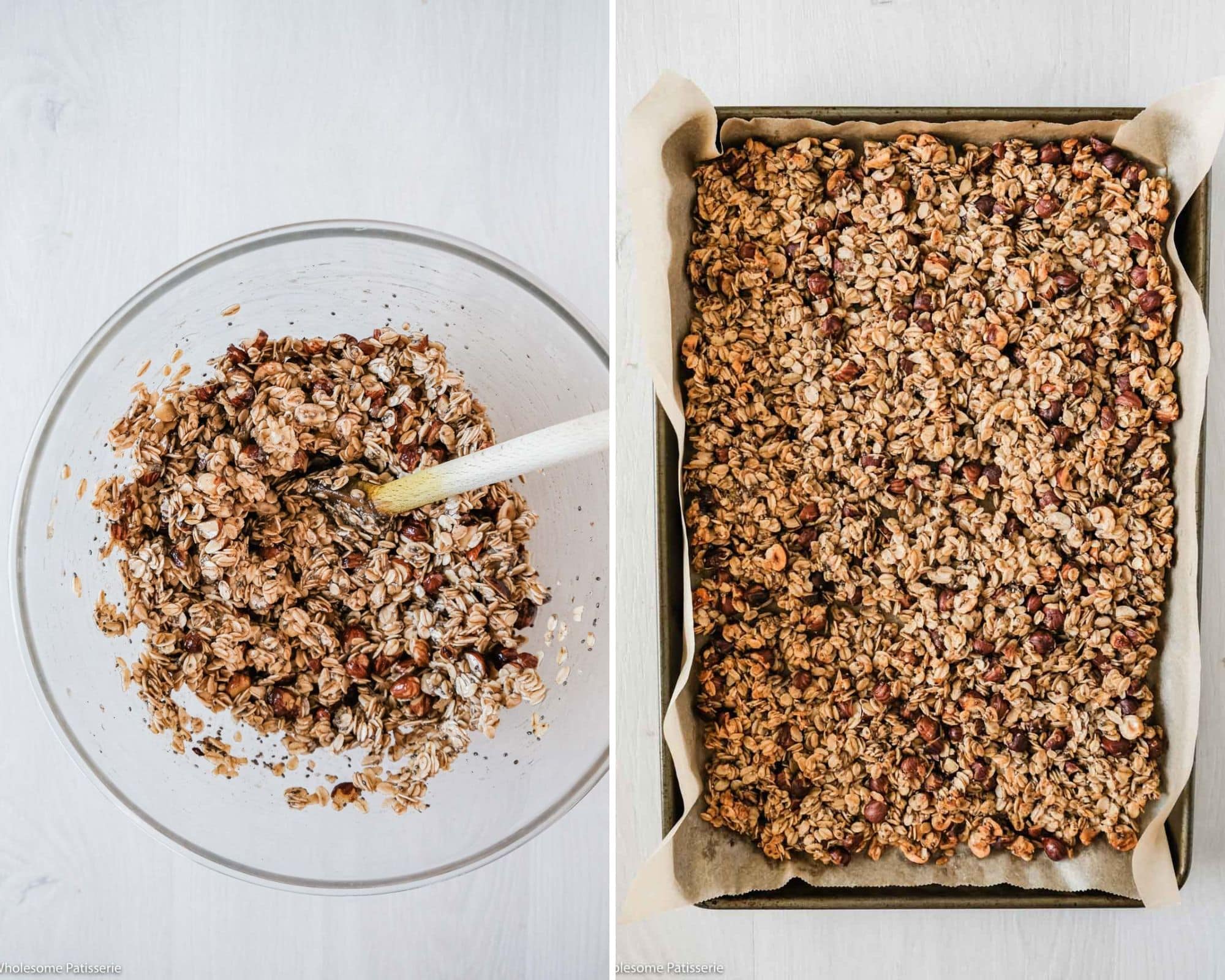 Mixing banana bread granola ingredients in bowl and spread out onto lined baking sheet.