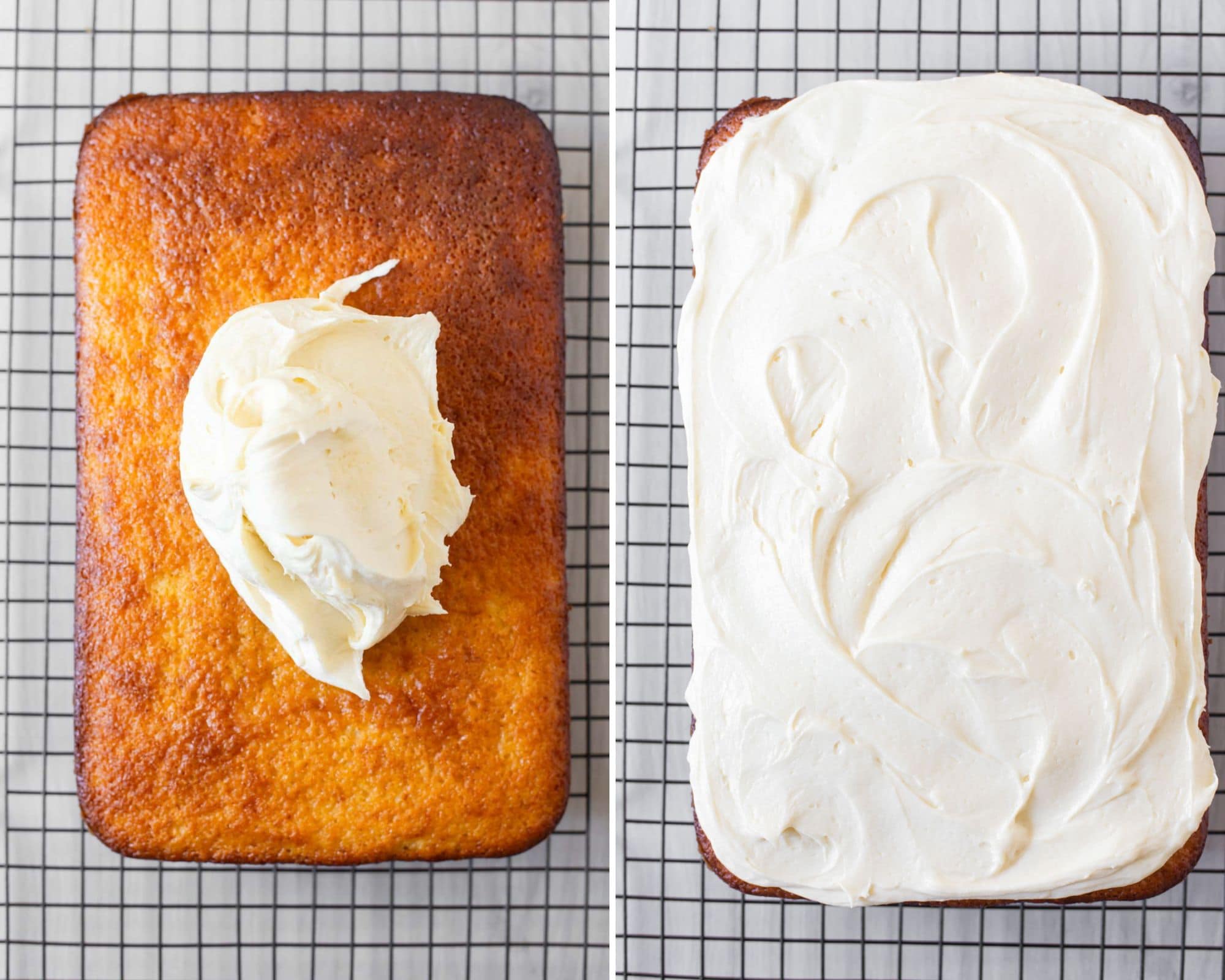 Spreading cream cheese frosting over baked pineapple cake.