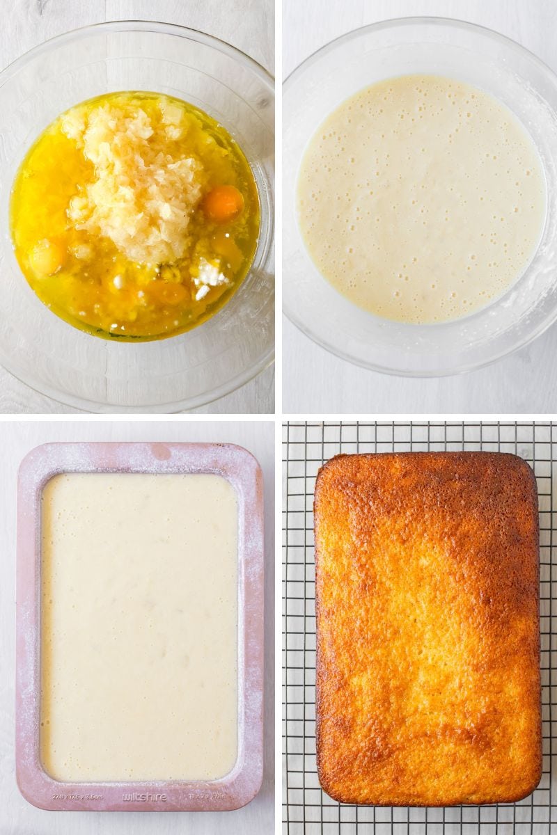 Making crushed pineapple cake with cake mix in mixing bowl and baking it in sheet pan.
