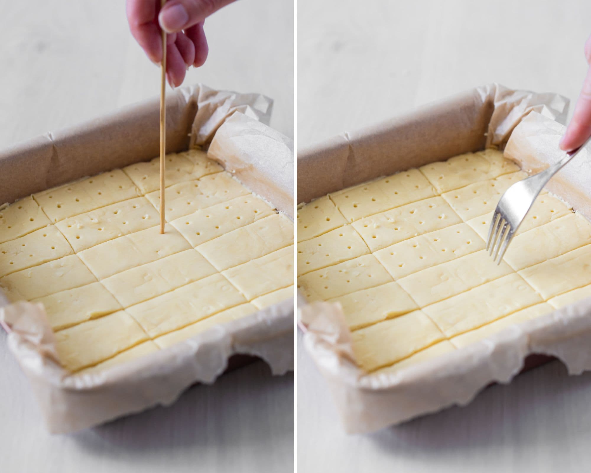 Pricking the shortbread rectangles in the tin with a wooden skewer or a fork.