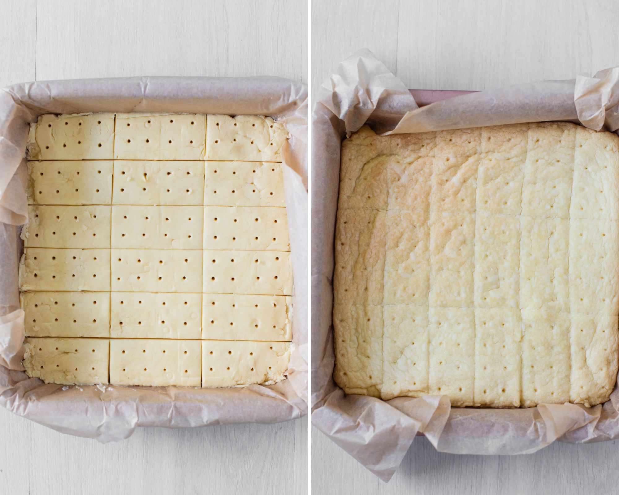 Shortbread biscuits in tin before and after baking.