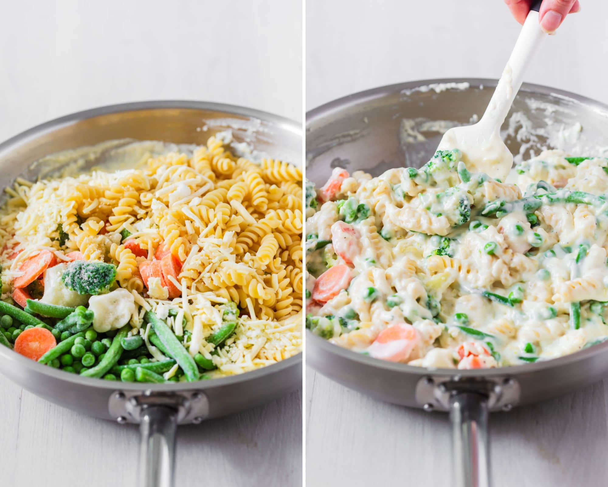 Combining frozen vegetables, cooked pasta and cheese with white sauce in skillet.