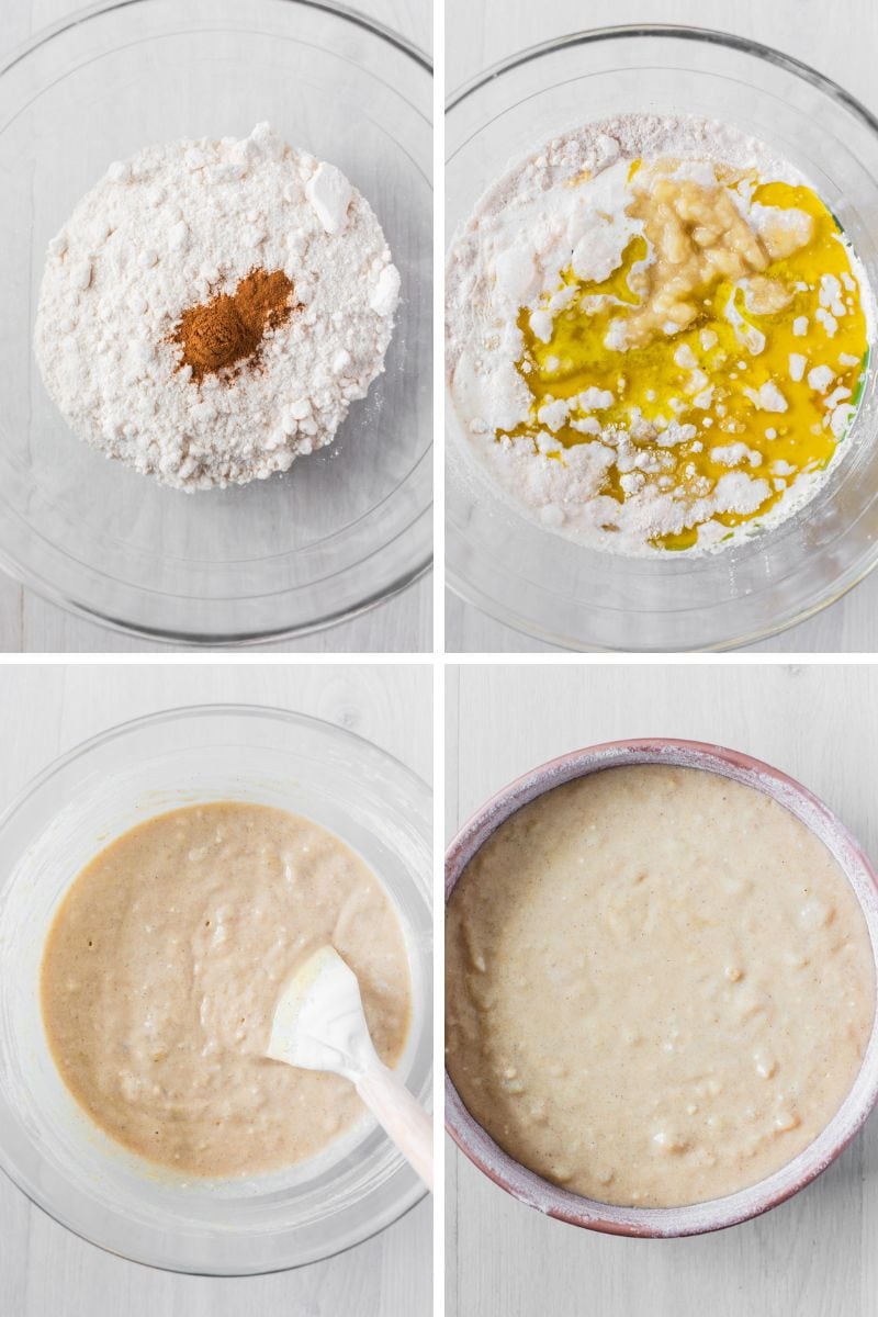 Making batter for eggless banana cake using cake mix in glass mixing bowl.