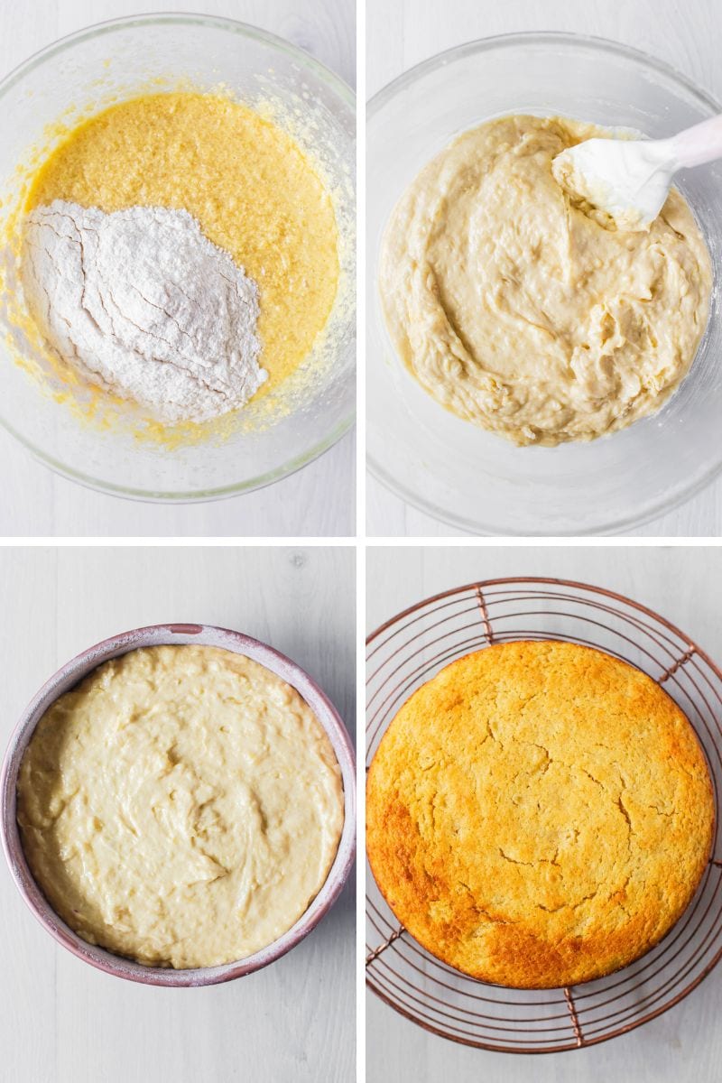 Spread cake batter into greased cake pan and baking it.