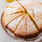Homemade cake with olive oil dusted with powdered sugar.