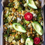 Roasted vegetable sheet pan salad with fresh tomato and avocado dressing.
