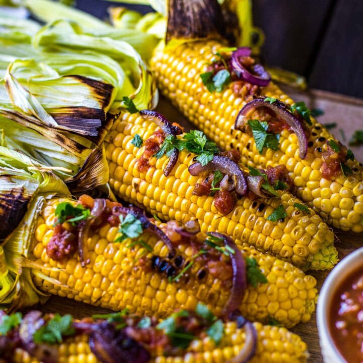 Grilled corn with bbq onion and tomato relish.