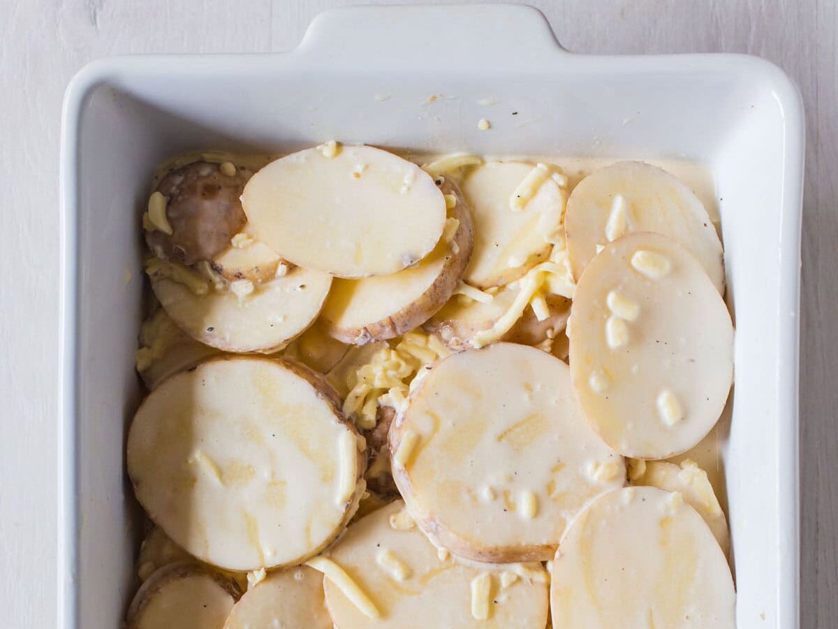 Potato mixture in baking dish.