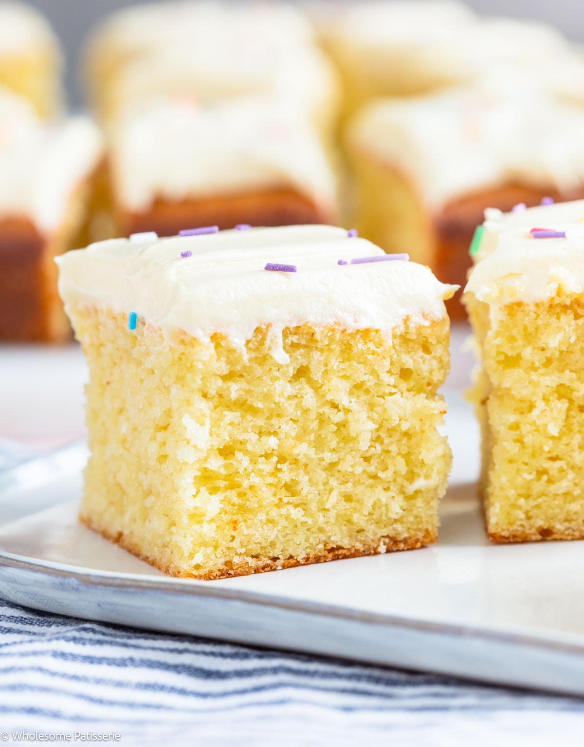 Slice of vanilla cake without cake flour on plate