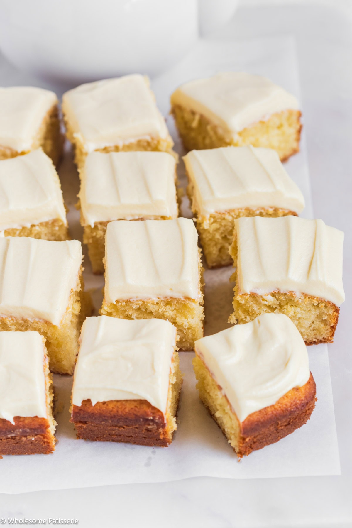 Squares of moist vanilla cake without vanilla.