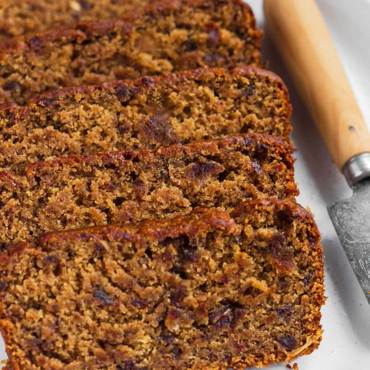 Date loaf without eggs cut into slices.