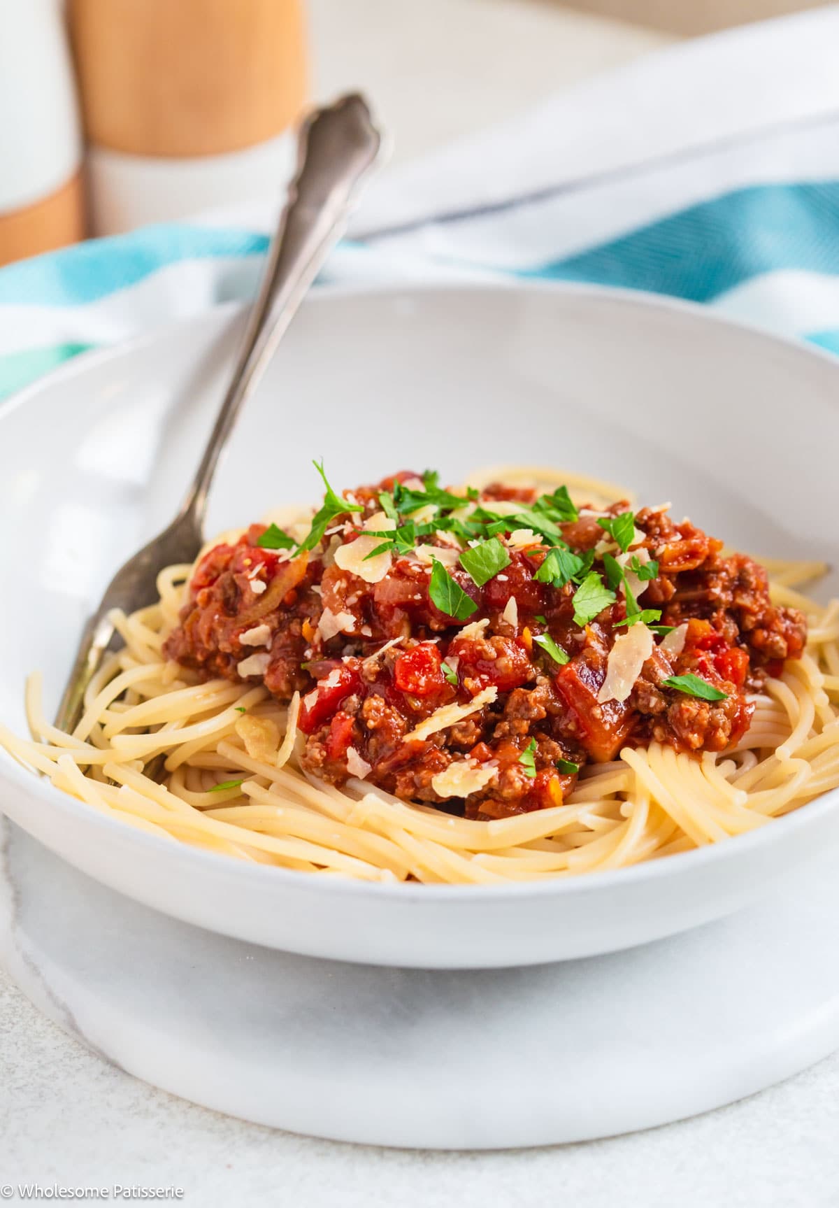 Spaghetti Bolognese served in bowl.